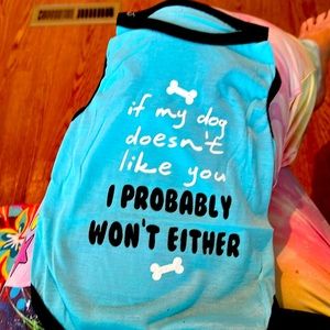 5/$20 Sky blue navy blue with white writing size small dog T-shirt